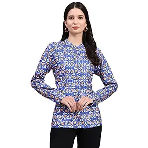 Trendif Women's Blue N Yellow Polyester Rayon Digital Print Casual Chinese Collar Shirt - 4312L