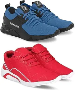 WORLD WEAR FOOTWEAR Soft Comfortable and Breathable Canvas Lace-Ups Sports Running Shoes for Men (Blue and Red, 6) (S12964)