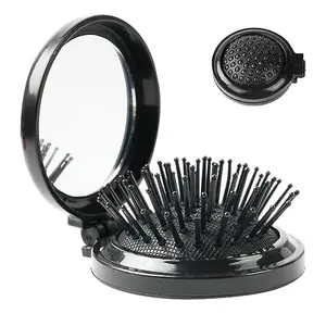 Tenalleys 2 Pieces Folding Travel Mirror Hair Brushes, Pocket Hair Comb, Hair Brush with Mirror, Round Mini Hair Brush for Women and Girls (Black)