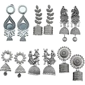 ADHIRA CREATIONS Traditional Oxidised Silver Jhumka Earrings Set, 6 Pairs, Indian Ethnic Design with Peacock and Dancing Couple Motifs