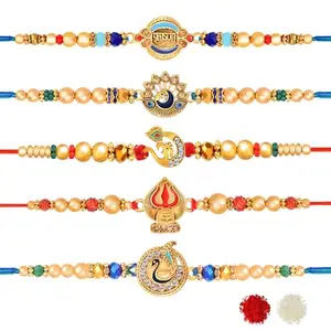 De Marquis Send Rakhi for Brother (Pack of 5) Roli-Chawal Pack, Best Wishes Greeting Card (HAPPY RAKSHABANDHAN)