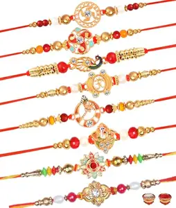 De Marquis Presents Multicolour Rakhi Combo Set with Roli Chawal Rakhi Bracelet Set for Men -Combo of 8