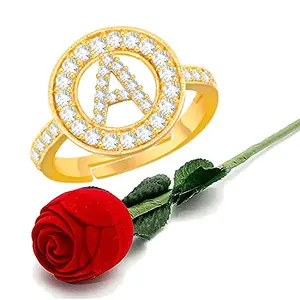 MEENAZ Rings for Women Girls Men Couple girlfriend Wife lovers Valentine Gift propose CZ AD American diamond Adjustable Gold Love Heart Initial Letter Name Alphabet A finger Ring Red Rose Box Set-216