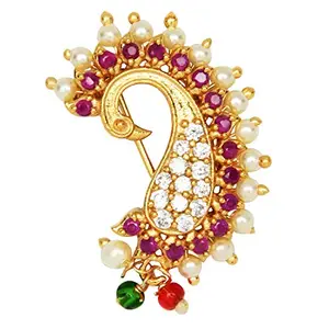 ACCESSHER Gold Plated Traditional American Diamond Embellished Non Piercing/Clip On Peacock Design Maharashtrian Nath/Nose Ring for Women and Girls Pack of 1
