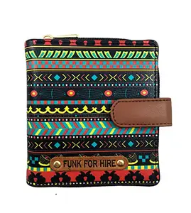 Funk For Hire Women’s Printed Black Vegan Leather Square Wallet with 8 Card Slots, Cash Compartment, Zippered Coin Pouch, Magnetic Closure, Compact Two Fold Design, Handcrafted in India