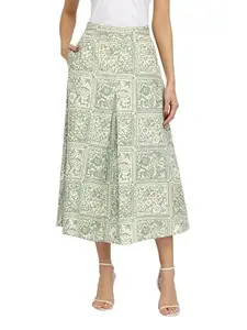 FableStreet Linen Blend Pleated Skirt - Green
