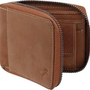 WILD EDGE Brown Men's Genuine Leather Wallet in Two-Fold/Bi-Fold Design with Zip Closure | Smart and Formal Genuine Leather Wallet for Men
