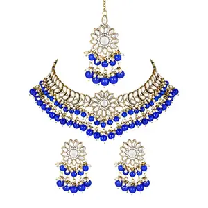 I Jewels 18K Gold Plated Traditional Kundan Studded Blue Pearl Hanging Choker Necklace Jewellery Set With Earrings & Maang Tikka For Women & Girls (K7232Bl)