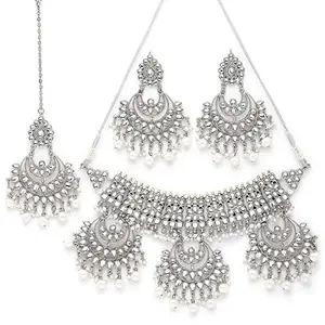 Karatcart Oxidised Silver Pearl Beads Kundan Choker Necklace Set