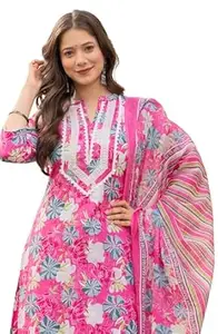 Amayra Women's Pure Cotton Straight Kurta Set with Palazzo Pants & Dupatta|Ethnic wear|Kurti Suit Set for Women