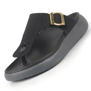 FAUSTO FST FOSMS-2189 BLACK-44 Men Black Buckle Adjustable T-Strap Side Stitched Summer Waterproof Slip On Sandals|Comfort Featherlite Insole|Thong Slipper for Monsoon Rainy Season (10 UK)