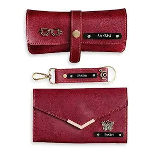 Homafy Trifold Leather Wallet Gift Set for Her | Birthday Gift for Her, Anniversary Gift, Valentines Gift for Her | Customized Leather Eyewear, Keychain & Wallet (Wine)