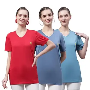 VIMAL JONNEY V Neck Cotton Plain Multicolor T-Shirt for Women (Pack of 3)-V_RED_D.Gry_BLU_003-M