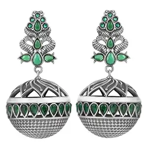 Peora Oxidised Silver Plated Antique Afghani Tribal Round Floral Green Drop Earrings for Women Girls