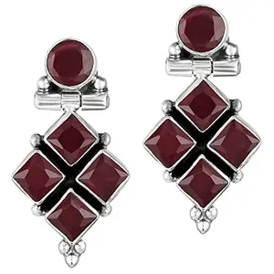 Peora 925 Sterling Silver Oxidised Finish Diamond Cut Square CZ Faux Ruby Drop Earrings | Danglers to Gift Women Girls Navratri Gift Maroon