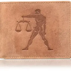 Justrack Men Tan Genuine Hunter Leather Wallet (8 Card Slots) Big Coin Pocket with Libra Zodiac Sign (LWM146-JT)