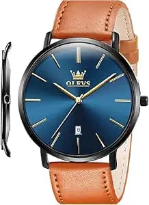 OLEVS Mens Watches Minimalist Ultra Thin Fashion Casual Analog Quartz Date Watch Waterproof Slim Simple Big Face Dress Wrist Watch with Retro Leather Band for Men