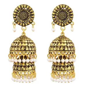 Amazon Brand - Anarva Oxidized Antique Round Stud Double Multilayer Jhumka Earrings Set for Women