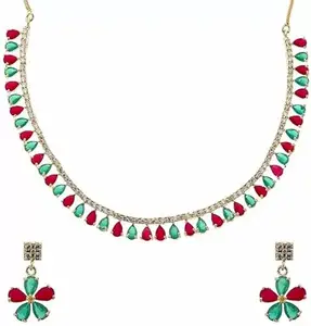 FANCY KF Anniversay Gift necklace set | Red mix with green stone Designer Set | Jewellery Set Necklace Chain & Earring Sets for Girls/Woman Accesorries