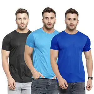 TQH Men Dri Fit Polyester Half Sleeve Round Neck Multicolor t Shirts - Combo of 3 (M, Black, Sky Blue, Royal Blue)