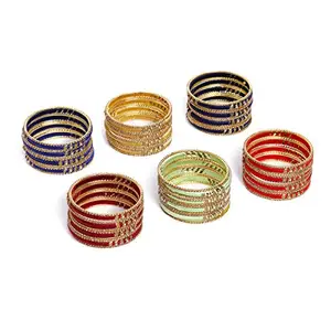 ACCESSHER Traditional Silk Thread Multicolour Bangles with Sparkling Rhinestones Embellished Metallic Bangles Pack of 6 Sets Colour for Women and Girls