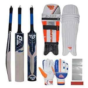 BHAJJI Kashmiri Willow Cricket BAT Blade Size-5, BHAJJI Batting PAD 101 Boys and Batting Gloves 202 Boys and BAT Care KIT Including Fibre Tape Along with Toe Guard
