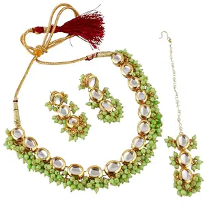 Lucky Jewellery Back Meenakari 18k Gold Plated Light Green Color Tika Earring Combo Uncut Big Faux Kundan Choker Necklace set (796-J5SK-1811-LG)