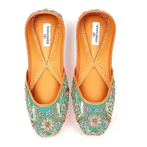 Doriaana Noor Emerald Green Loafer Jutti | Women & Girl's Ethnic Shoes | Jaipuri Jutti | Nagra | Mojari, Punjabi Style Beautiful Juti for Ladies | Stylish Mojari for Women | Latest Mojari for Girls