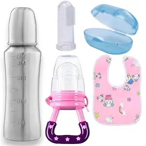 RB POINT Combo of Finger Brush+Bottle+Baby Bib+Feeder Nurture BPA Free Non Toxic Silicone Squeeze Baby Feeding Cereal, Rice Dispensing Feeder, Food Dispensing