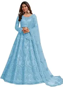 STYLOXEA Women Semi Stitched Embroidered Lehenga Choli Set | Net Fabric Blouse | Floral Pattern Lehenga Skirt | Matching Dupatta | Round Neck Ethnic Outfit