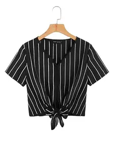 Istyle Can Black Striped Front Tie Knotted V Neck Short Sleeve Women's Crop Cami Top (Small, Black)