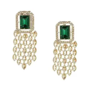 Accessher Gold Plated Indo Western Style Inspired Emerald and Rhinestones Embellished Green Stone Studded Dangle Earrings with Push Back Closure for Women and Girls| Gifting for Karwachauth | (Design 2)
