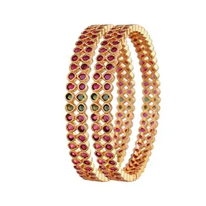 I Jewels 18K Gold Plated Traditional Pota Stone Studded Brass Bangles For Women/Girls (ADB438QG-c) (Set of 2)