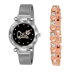 Red Robin New Casual Queen Black Dial Silver Magnet Strap Watch & Copper Diamond Bracelet Combo - for Women & Girls