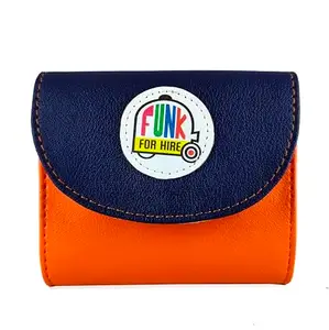 Funk For Hire Women Small Flap Pocket Wallet Card Holder - Navy Blue and Orange
