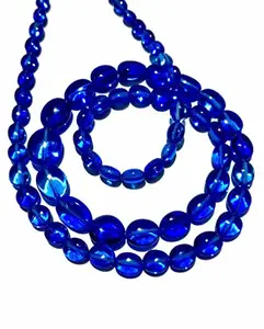 Zoya Gems & Jewellery Sparkling~AAA++ Grade 7x9MM Blue Hydro Quarts Smooth Oval Shape Beads Natural Blue Hydro Quarts Smooth Beads 18” Blue Hydro Quarts Oval Bead Necklace With Adjusteble Tassel For Men And Women