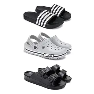 DRACKFOOT Lightweight Classic Slider || Sandals with Clogs for Men-Combo(3)-3024-3016-3115-7 Black
