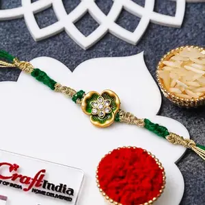 eCraftIndia Golden Green Flower Diamonds Designer Rakhi for Brother | Raksha Bandhan Rakhi for Bhai Bhaiya | Roli Chawal Pack