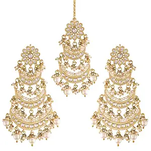 Peora Gold Plated Kundan Pearl Long Dangle Chandbali Earring Maang Tikka Jewellery Set for Women Girls
