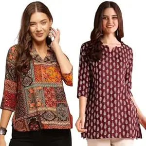 MS VHCK ENTERPRISE Women's Cotton Printed Short Kurti, Round Neck, Three Quarter Sleeve, Straight Fit, Pack of 2