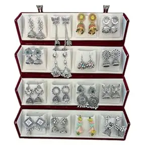 Brijsun Innovations Oxidised Silver Look Jhumka Earrings Box for Women | 16 Pairs Traditional Ethnic Jhumki Combo Gift Hamper with Velvet Box | Festive Wedding Jewellery | Gift For Women