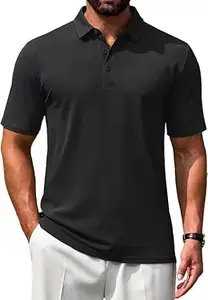 Glami Fly Men's Classic Polo Shirt, Black, Short Sleeve with No Tag Collar, 3-Button Placket, Split Hem, Casual Wear T-Shirt for Men-P