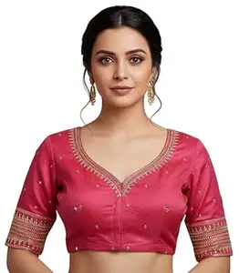 Women's Silk Embroidered Half Sleeve Blouse Piece Work Readymade Blouse for Women | Any Occasion || Saree Blouse