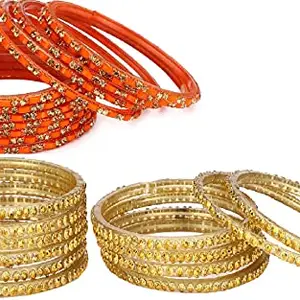 Colorful Glass Bangles/Kada Set Combo Ornamented With Colourful Chips & Beads_D390 (AkBang2-DQ1.b_bang)
