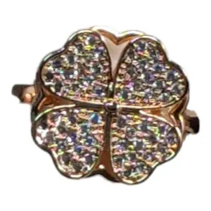 Four-Leaf Clover Ring, Rose Gold Plated, Rotating Design, Casual & Formal Wear, Steel Base, Adjustable Size 6-9, Iridescent Crystal