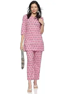 Women's Cotton Floral Over All Printed Night Suit Top and Pajama Set (Pink Light Blue,XL)