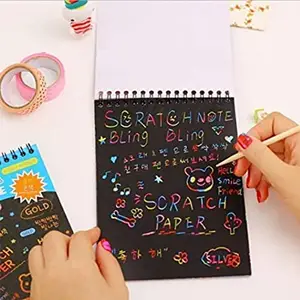 AK Store Small Size Kid's Rainbow10-Pages Colorful Magic Doodle Scratch Paper Note Book with Wooden Stylus Scratching Tool for Kids, Girls, Boys Birthday Return Gifts (10cmx14cm)