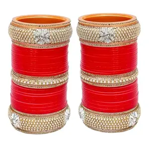 Lucky Jewellery Bridal Bangle Set Dhanteras/Diwali/Bhai Dooj Collection Red White Pearl and Golden Stone Choora Wedding Chura Dulhan Punjabi Chuda For Women (1865-M1C1-ALISHA-R28)