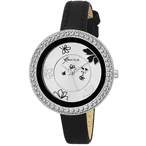 Rich Club RC-8051BLK Precious Flower Analog Leather Strap Watch for Girls and Women