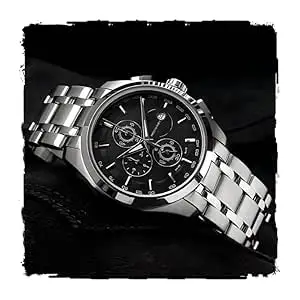 Visit the AMERICANVIBER Store Modern Analog Watch, Silver and Black Two-Tone Stainless Steel Band, Octagonal Case, White Dial for Men
